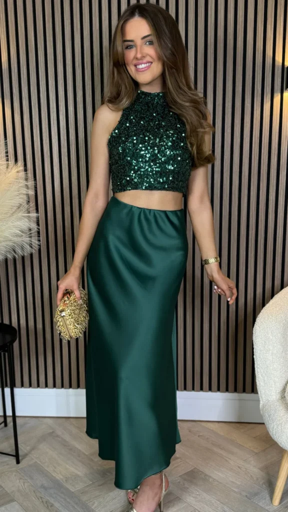 VERA LUCY Tops^Kara Forest Green Backless Halterneck Sequin Crop Top