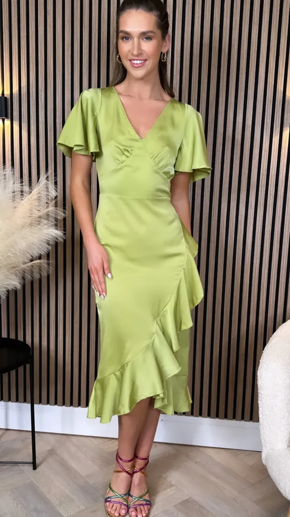 GIRL IN MIND Going Out Dresses | Occasion Dresses^Karen Lime Green Frill Detail Midi Dress