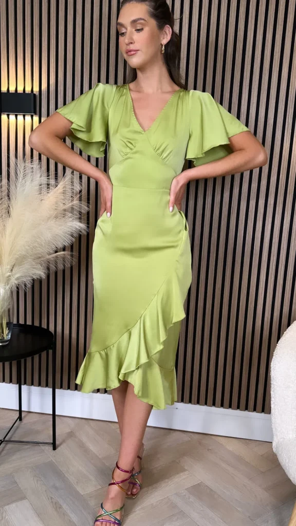 GIRL IN MIND Going Out Dresses | Occasion Dresses^Karen Lime Green Frill Detail Midi Dress