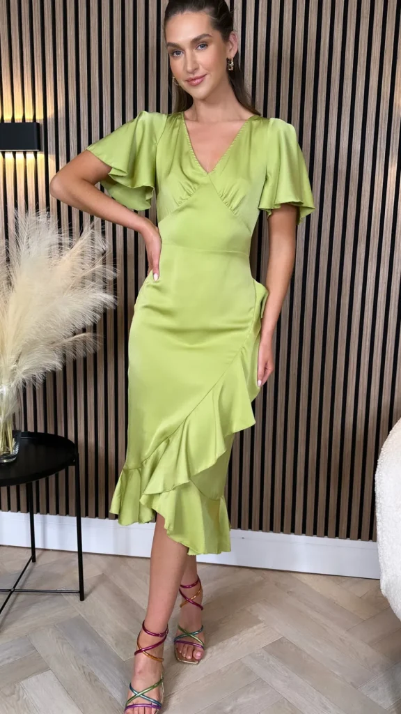 GIRL IN MIND Going Out Dresses | Occasion Dresses^Karen Lime Green Frill Detail Midi Dress