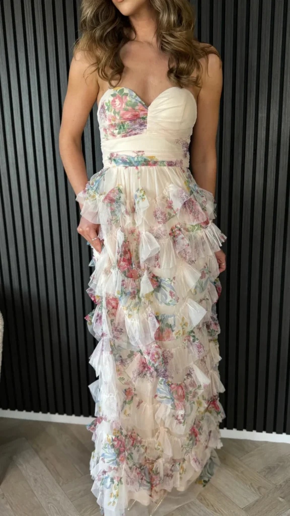 ERIKCH MODA Going Out Dresses | Occasion Dresses^Kassiana Beige Floral Print Bandeau Tulle Maxi Dress