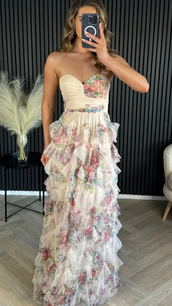 ERIKCH MODA Going Out Dresses | Occasion Dresses^Kassiana Beige Floral Print Bandeau Tulle Maxi Dress