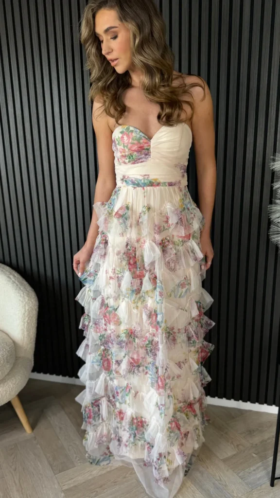 ERIKCH MODA Going Out Dresses | Occasion Dresses^Kassiana Beige Floral Print Bandeau Tulle Maxi Dress