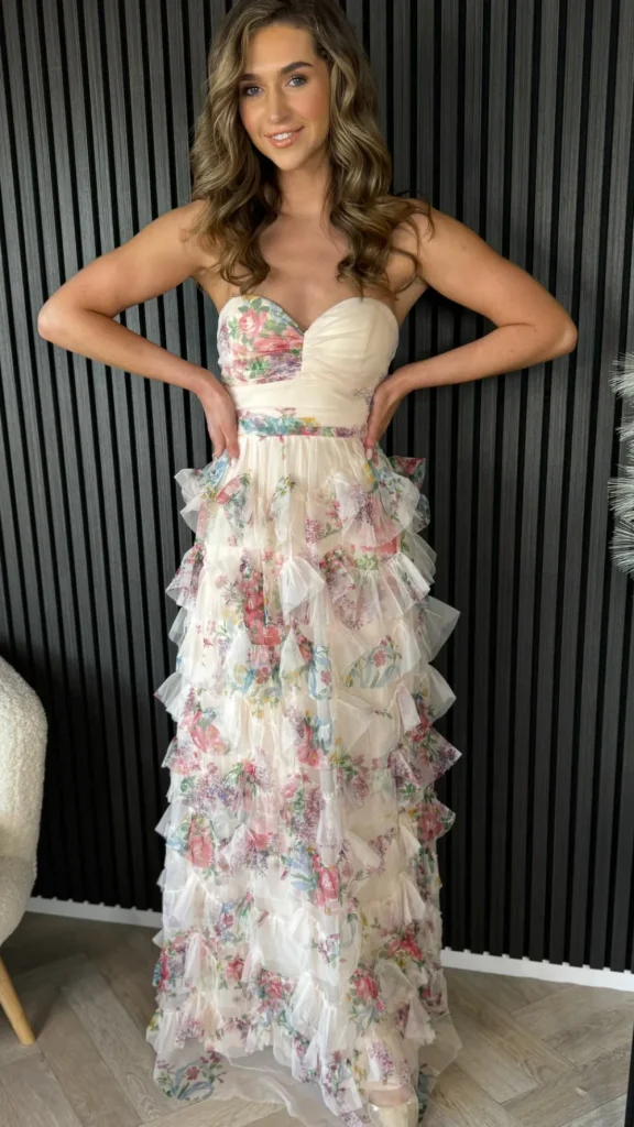 ERIKCH MODA Going Out Dresses | Occasion Dresses^Kassiana Beige Floral Print Bandeau Tulle Maxi Dress