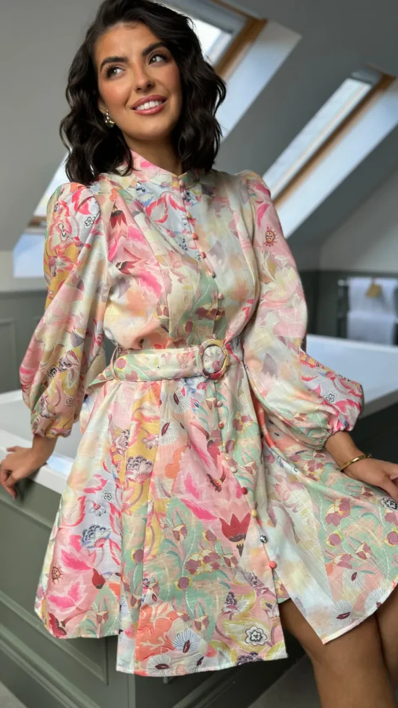 TIMELY Occasion Dresses | Mini Dresses^Katherine Green & Pink Floral Printed High Neck Mini Dress