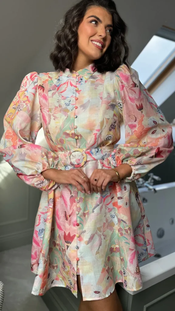 TIMELY Occasion Dresses | Mini Dresses^Katherine Green & Pink Floral Printed High Neck Mini Dress