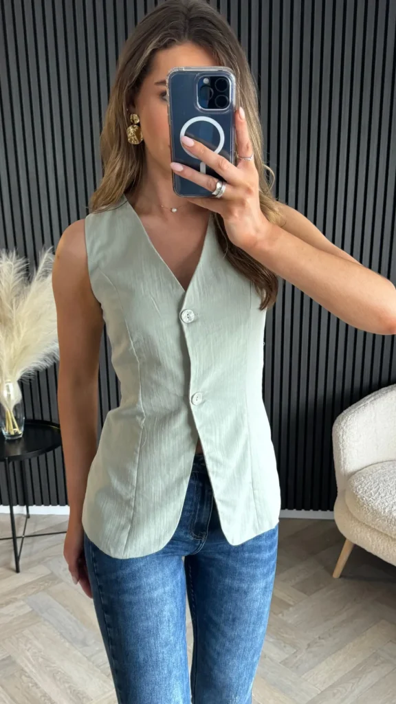 FLAM MODE Tops^Keely Light Green Longline Waistcoat