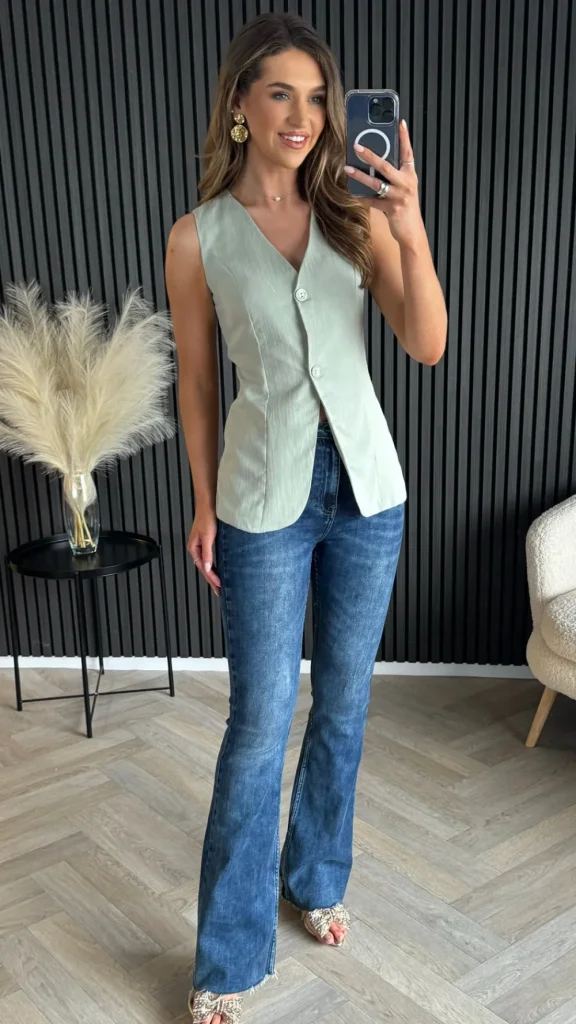 FLAM MODE Tops^Keely Light Green Longline Waistcoat