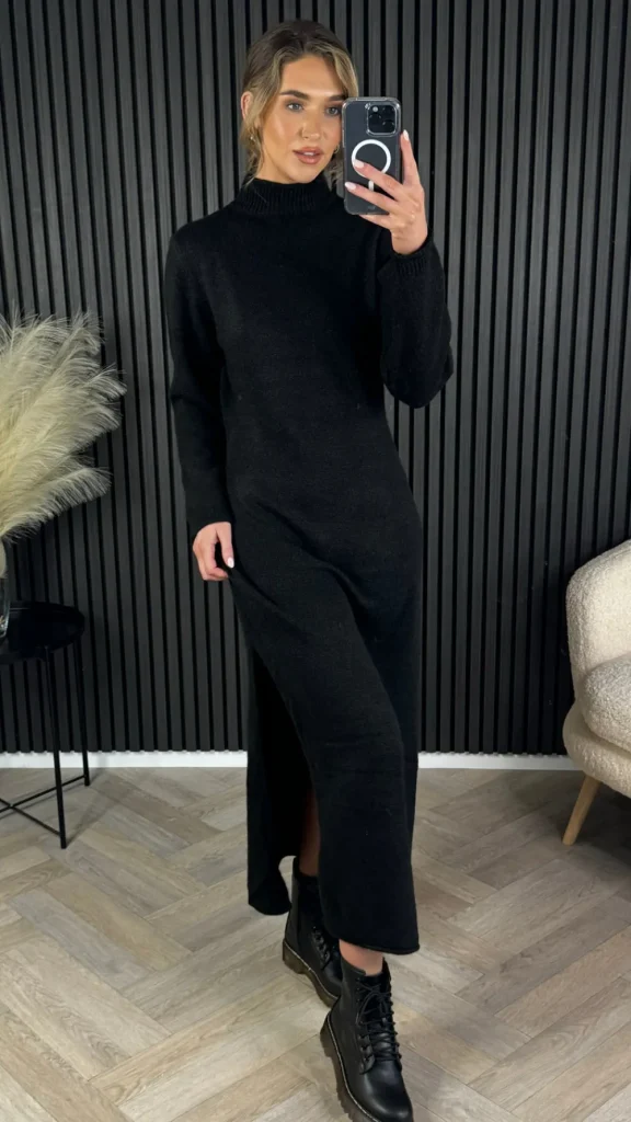 ELENZA Knitwear | Day Dresses^Kelly Black Turtle Neck Knit Jumper Midi Dress