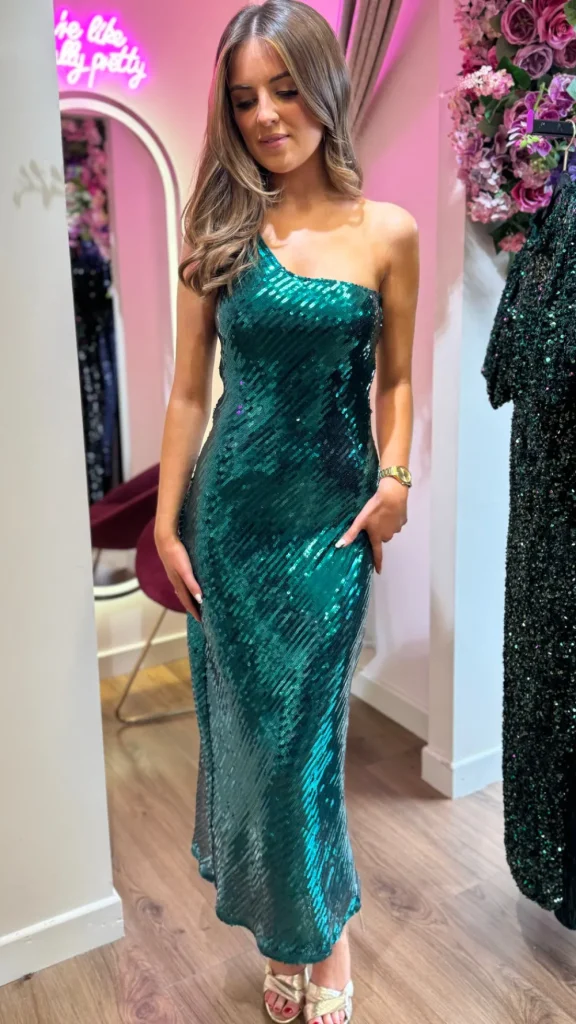 GIRL IN MIND Fitted Dresses | Going Out Dresses^Kendall Green Sequin One Shoulder Maxi Dress