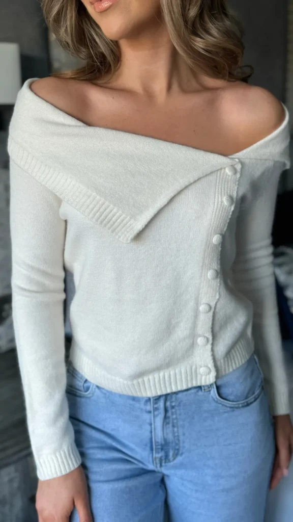 FEELKOO Knitwear | Tops^Kiersten Beige Asymmetrical Off Shoulder Faux Button Jumper