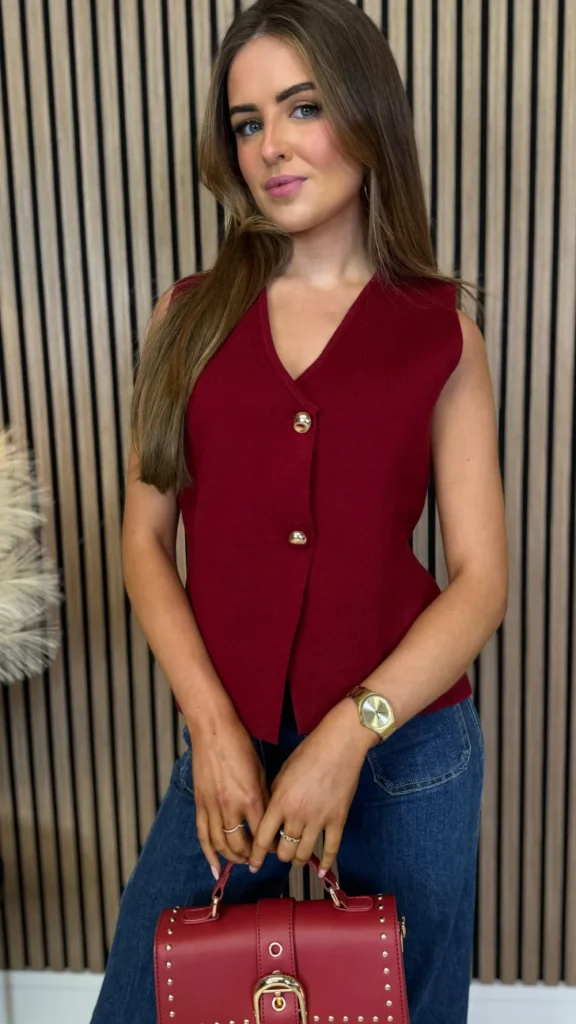 LILY ROSE BY FJ Tops^Kiersten Burgundy Button Detail Waistcoat