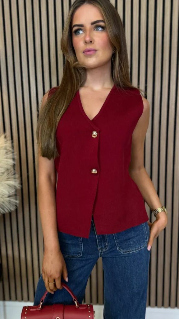 LILY ROSE BY FJ Tops^Kiersten Burgundy Button Detail Waistcoat
