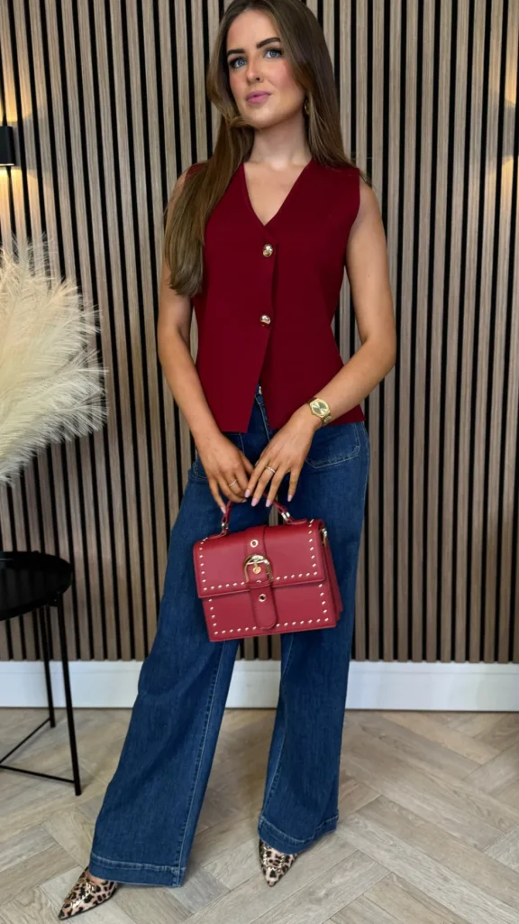 LILY ROSE BY FJ Tops^Kiersten Burgundy Button Detail Waistcoat