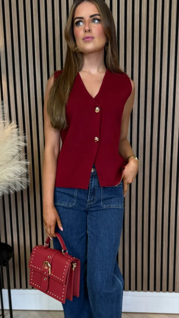 LILY ROSE BY FJ Tops^Kiersten Burgundy Button Detail Waistcoat