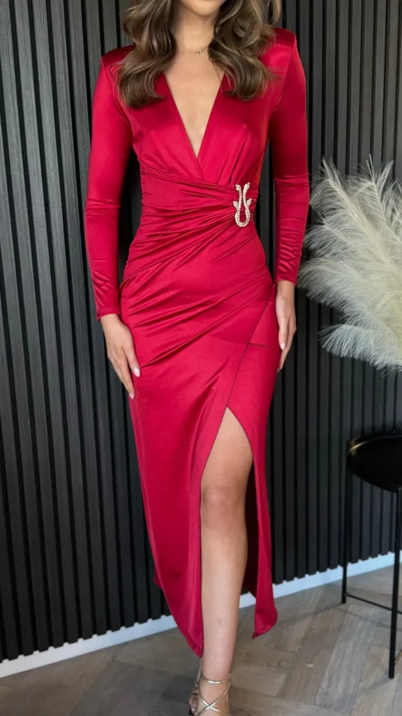 COPPEROSE Going Out Dresses | Occasion Dresses^Kingsley Red V Neckline Wrap Effect Brooch Detail Midi Dress