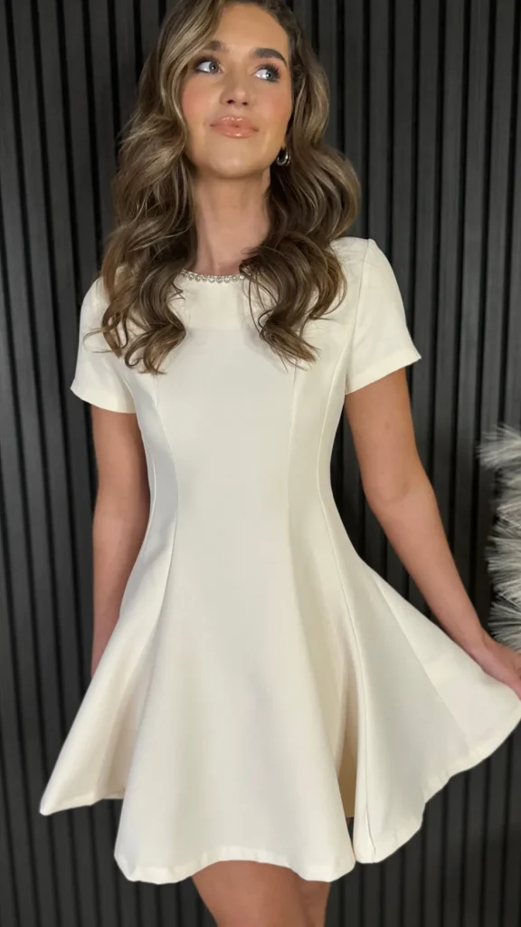 PARIS FASHION SHOPS Day Dresses | Going Out Dresses^Kitty Beige Embellished Neckline Skater Mini Dress