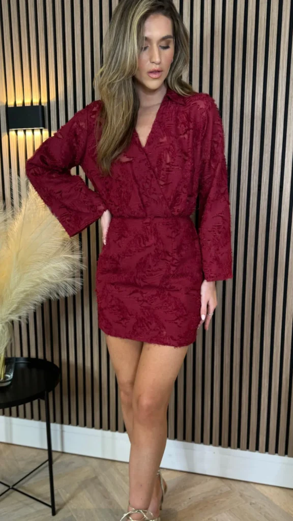 ELINA STUDIO Knitwear | Day Dresses^Kyndle Burgundy Collared V Neckline Mini Dress