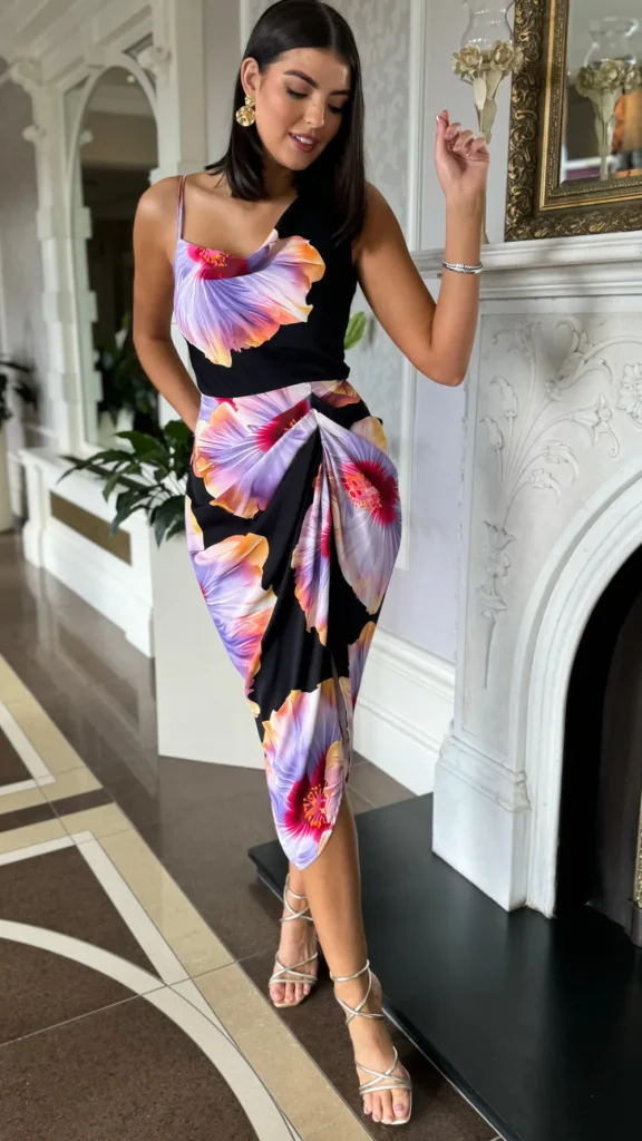 AX PARIS Fitted Dresses | Going Out Dresses^Laken Black & Lilac Floral Print Strap Detail Gathered Skirt Midi Dress