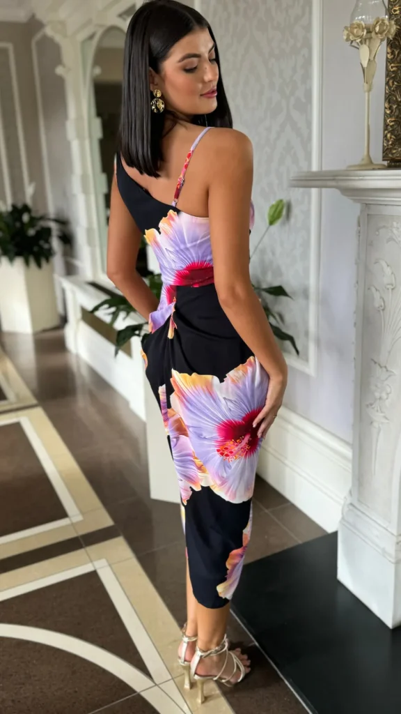 AX PARIS Fitted Dresses | Going Out Dresses^Laken Black & Lilac Floral Print Strap Detail Gathered Skirt Midi Dress