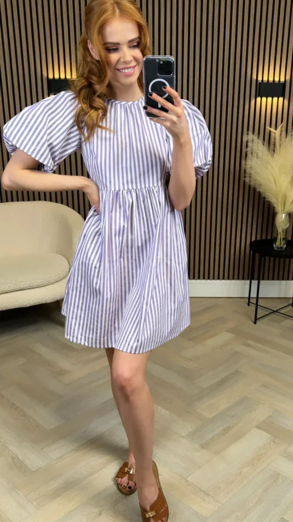 INFLUENCE Going Out Dresses | Occasion Dresses^Lee Lilac & White Striped Puff Sleeve Smock Mini Dress