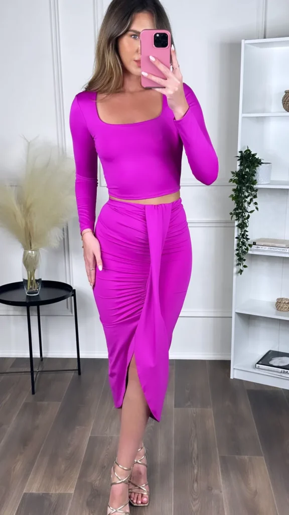 COPPEROSE Co-ords | Going Out Dresses^Leona Fuchsia Crop Top & Midi Skirt Co Ord