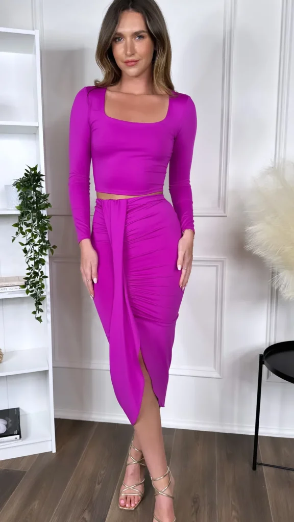 COPPEROSE Co-ords | Going Out Dresses^Leona Fuchsia Crop Top & Midi Skirt Co Ord