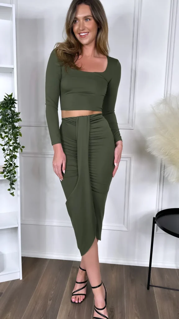 COPPEROSE Co-ords | Going Out Dresses^Leona Khaki Crop Top & Midi Skirt Co Ord