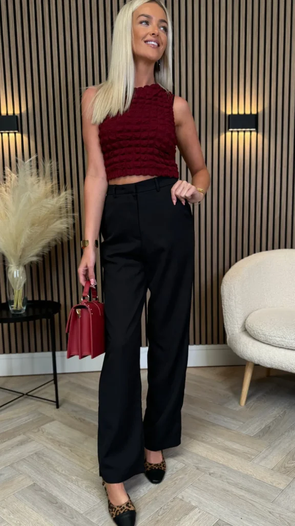 LUCCE Tops^Lexi Burgundy Waffle Detail Crop Top