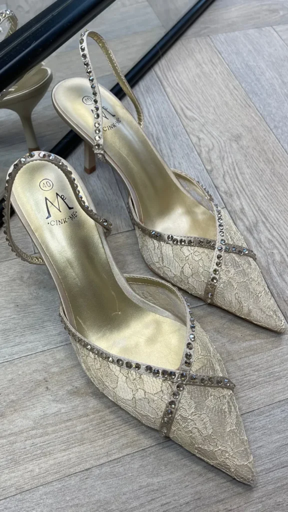 PARIS FASHION SHOPS Heels^Lexie Gold Embellished Sling Back Stiletto Shoes