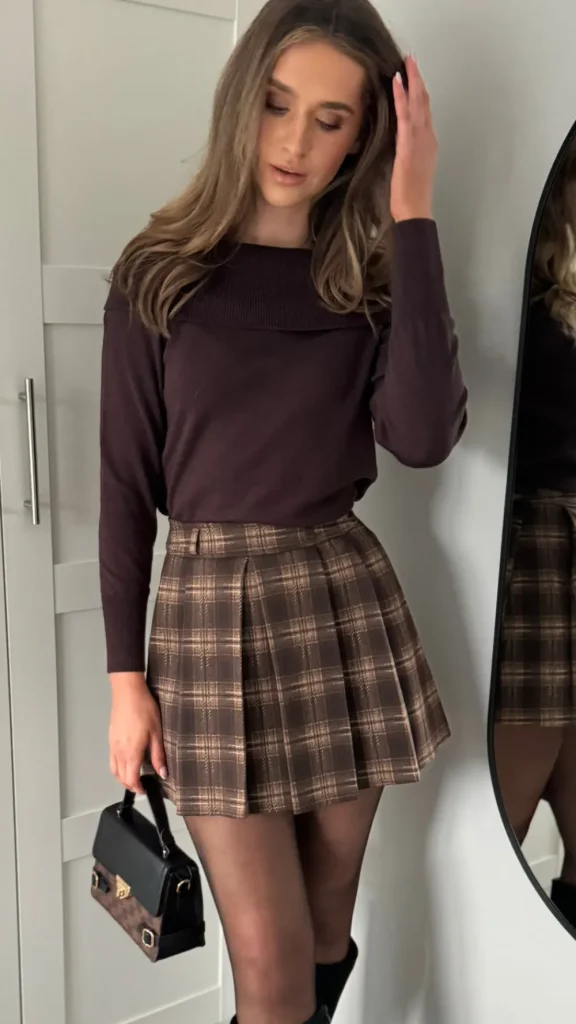 FEELKOO Skirts & Shorts^Lisa Brown & Beige Checked Pleated Detail Mini Skirt