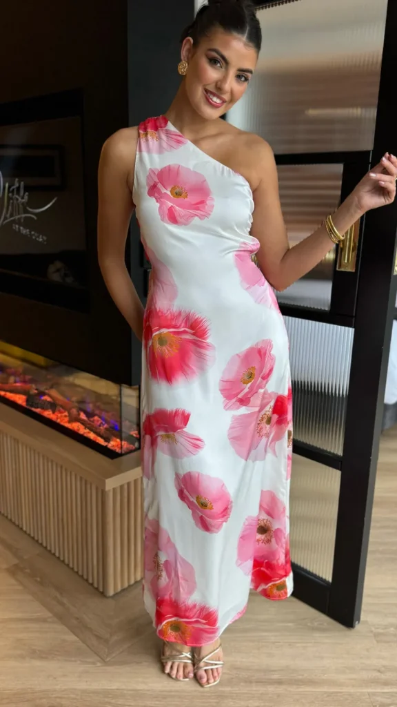 AX PARIS Going Out Dresses | Occasion Dresses^Lisa Cream & Pink Floral Print One Shoulder Open Back Twist Detail Midi Dress