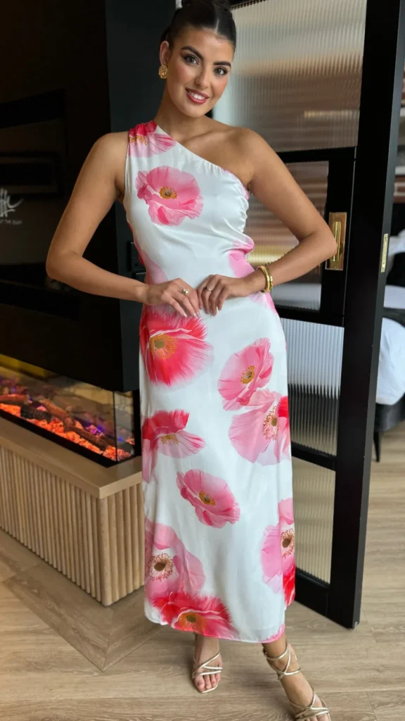 AX PARIS Going Out Dresses | Occasion Dresses^Lisa Cream & Pink Floral Print One Shoulder Open Back Twist Detail Midi Dress