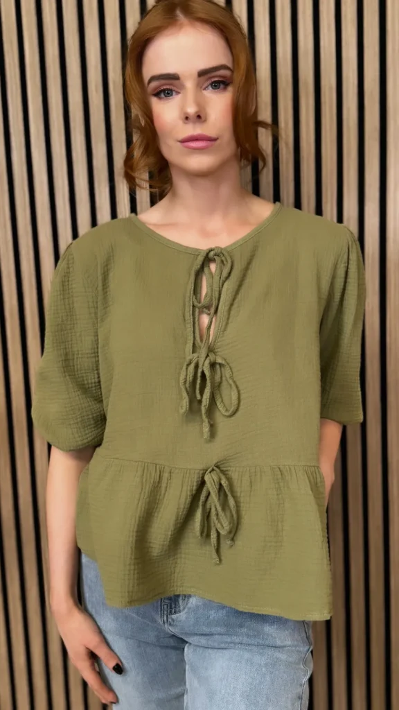 ESTEE BROWN Tops^Louie Khaki Tie Detail Peplum Top