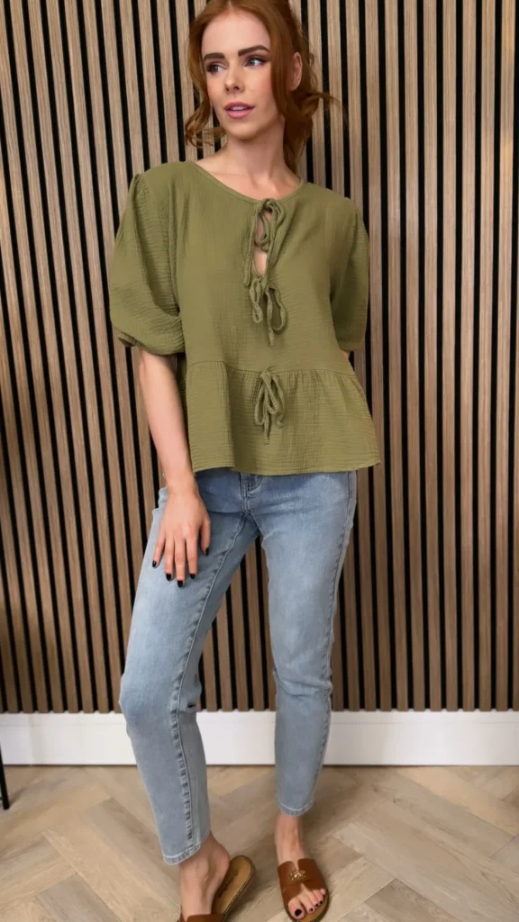 ESTEE BROWN Tops^Louie Khaki Tie Detail Peplum Top