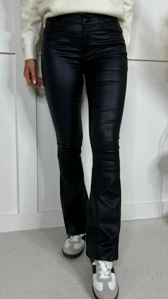 PARIS FASHION SHOPS Trousers^Lucy Black Coated Leather Look Flared Trousers