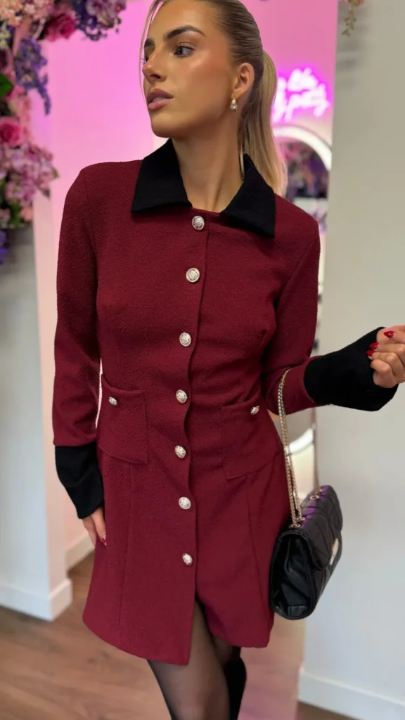 ALLYSON Going Out Dresses | Occasion Dresses^Lyric Burgundy & Black Trimmed Button Down Mini Dress