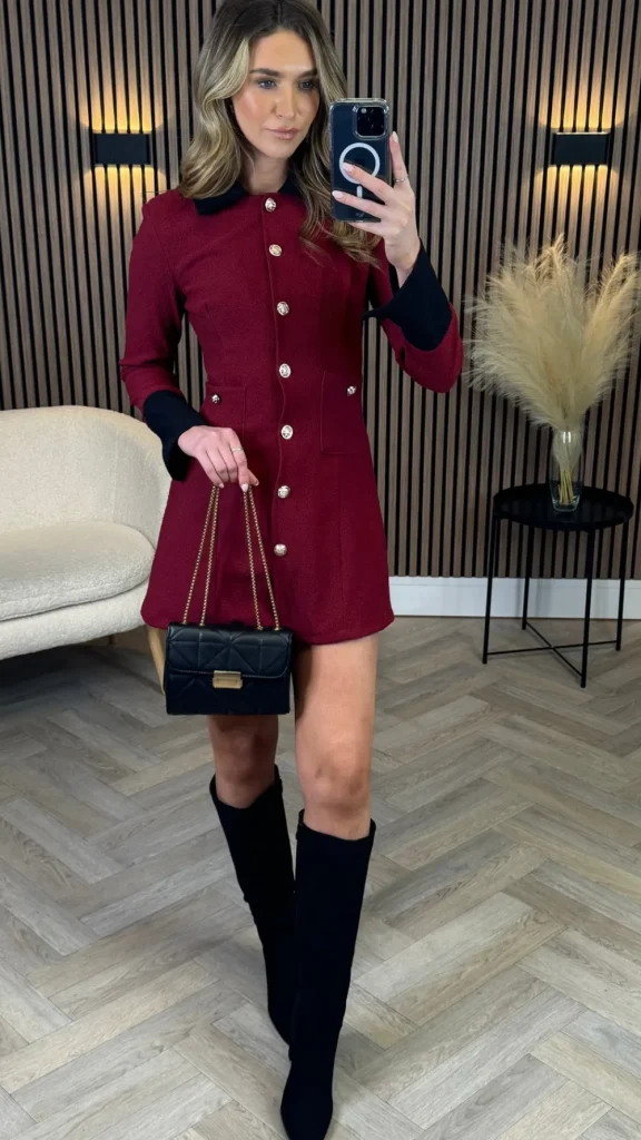 ALLYSON Going Out Dresses | Occasion Dresses^Lyric Burgundy & Black Trimmed Button Down Mini Dress