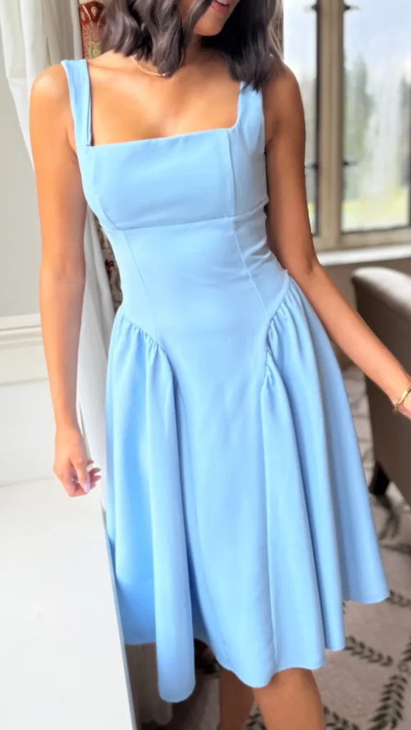 ALLYSON Occasion Dresses | Mini Dresses^Madeline Baby Blue Square Neck Bow Detail Back Knee Length Dress