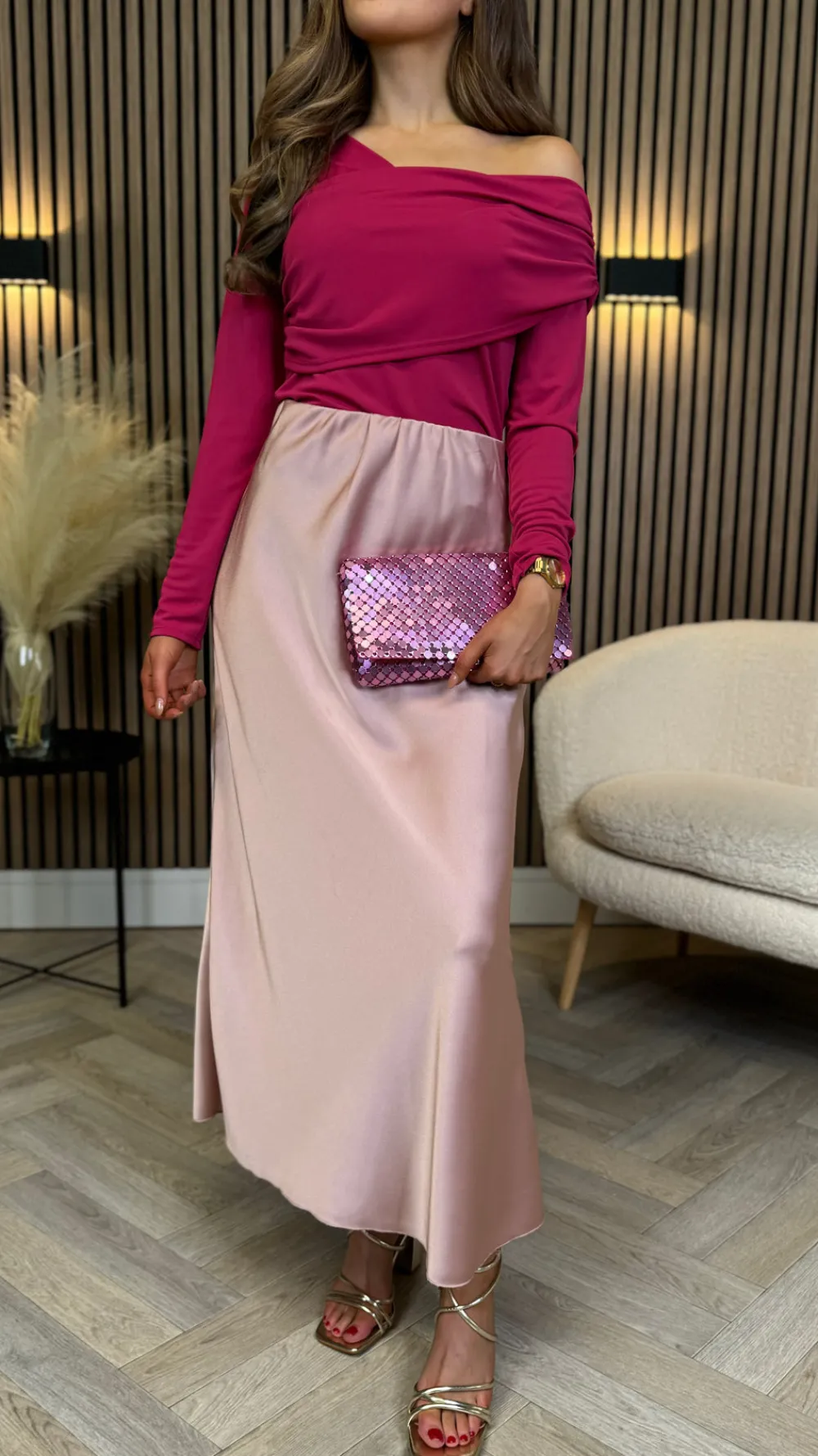 madison__fuchsia_draped_o_1.webp LORIANE Tops^Madison Fuchsia Draped One Shoulder Detail Top