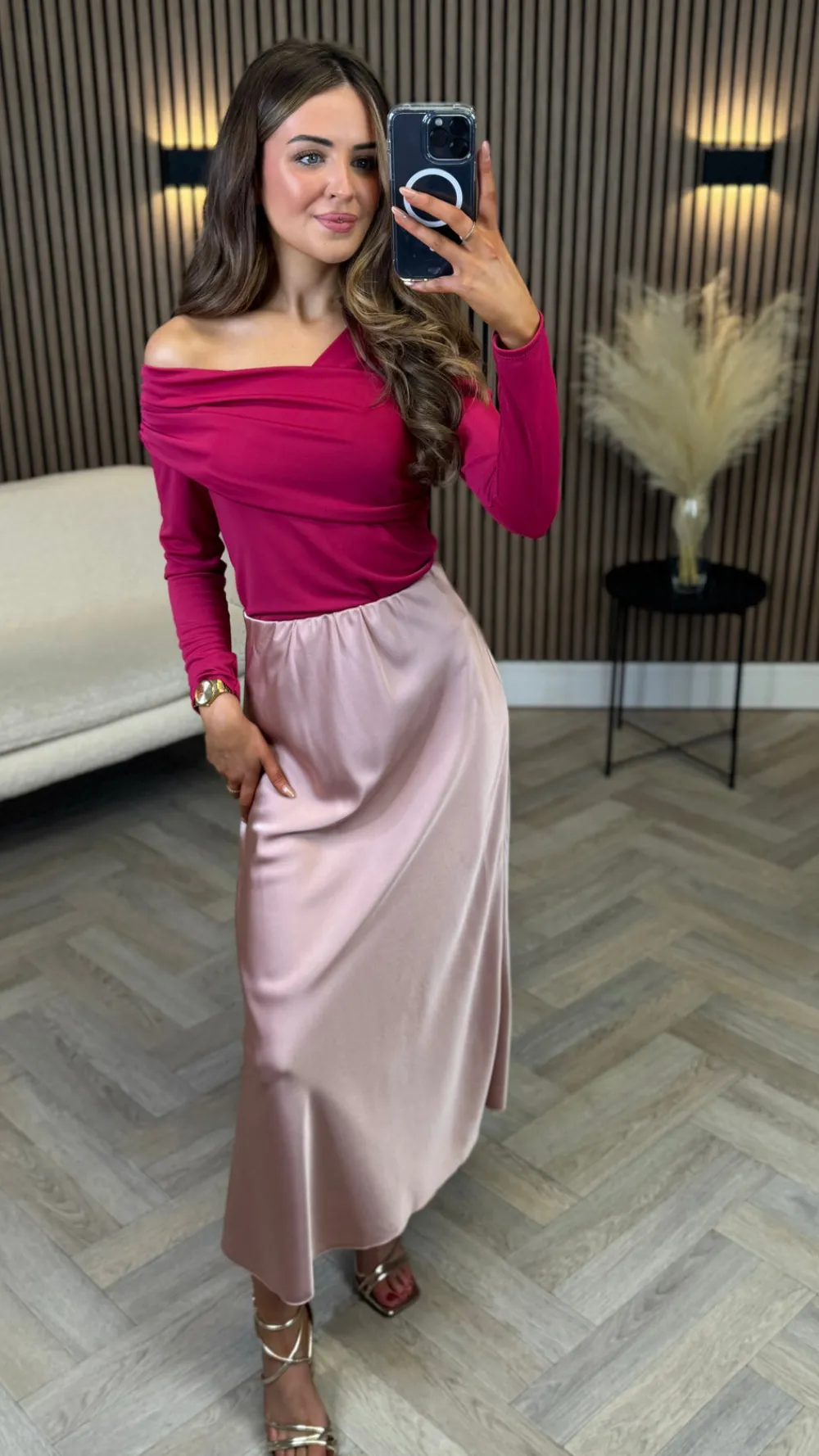 madison__fuchsia_draped_o_2.webp LORIANE Tops^Madison Fuchsia Draped One Shoulder Detail Top