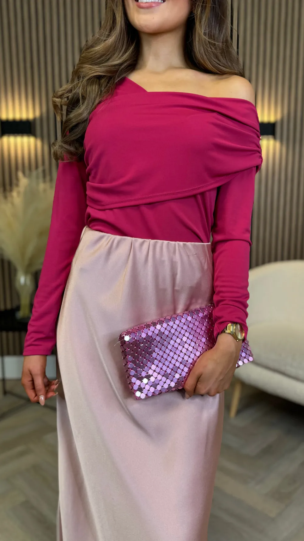 madison__fuchsia_draped_o_3.webp LORIANE Tops^Madison Fuchsia Draped One Shoulder Detail Top