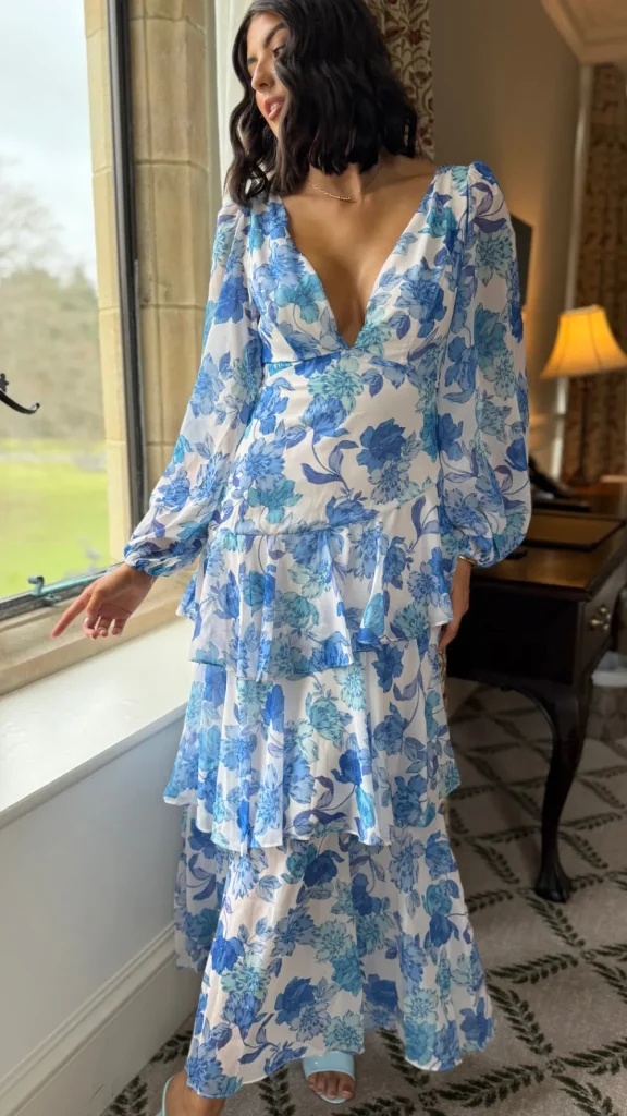 CANDICE FAIRE Going Out Dresses | Occasion Dresses^Mariah Blue Floral Tie Back Long Sleeve Tiered Maxi Dress