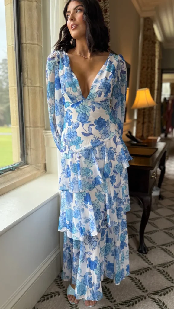CANDICE FAIRE Going Out Dresses | Occasion Dresses^Mariah Blue Floral Tie Back Long Sleeve Tiered Maxi Dress