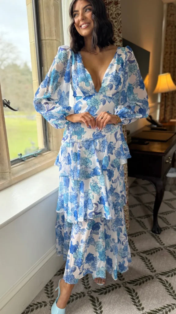 CANDICE FAIRE Going Out Dresses | Occasion Dresses^Mariah Blue Floral Tie Back Long Sleeve Tiered Maxi Dress
