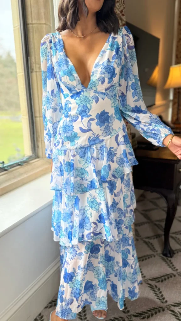 CANDICE FAIRE Going Out Dresses | Occasion Dresses^Mariah Blue Floral Tie Back Long Sleeve Tiered Maxi Dress