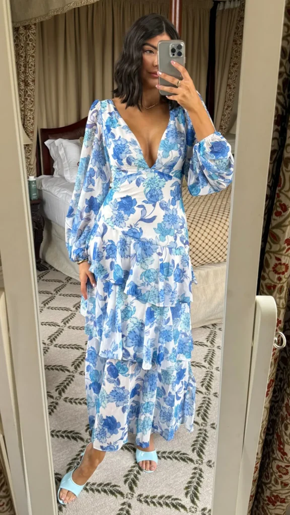 CANDICE FAIRE Going Out Dresses | Occasion Dresses^Mariah Blue Floral Tie Back Long Sleeve Tiered Maxi Dress