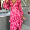 CANDICE FAIRE Going Out Dresses | Occasion Dresses^Mariah Pink Floral Tie Back Long Sleeve Tiered Maxi Dress