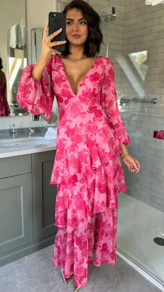 CANDICE FAIRE Going Out Dresses | Occasion Dresses^Mariah Pink Floral Tie Back Long Sleeve Tiered Maxi Dress