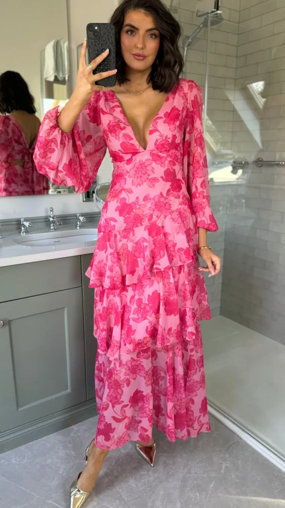 CANDICE FAIRE Going Out Dresses | Occasion Dresses^Mariah Pink Floral Tie Back Long Sleeve Tiered Maxi Dress